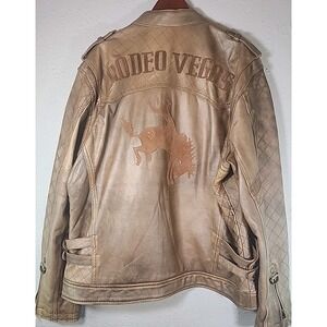 2018 Rodeo Vegas 50th Distressed Golden  Tan Leather Jacket Sz Xl Biker  Western
